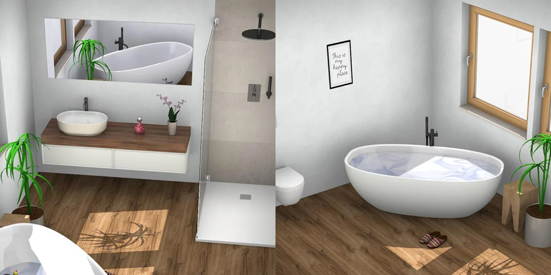 Modernes Badezimmer in Weinheim mit minimalistischem Design, freistehender Badewanne und Holzfußboden