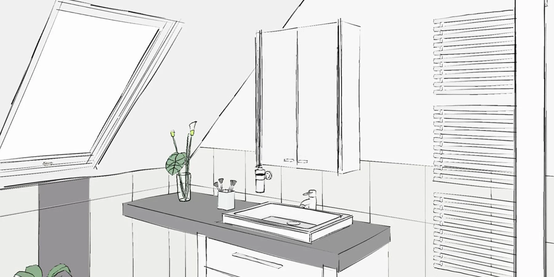 Skizze eines modernen Badezimmers in Viernheim mit Waschbecken, Spiegelschrank und Dekoration