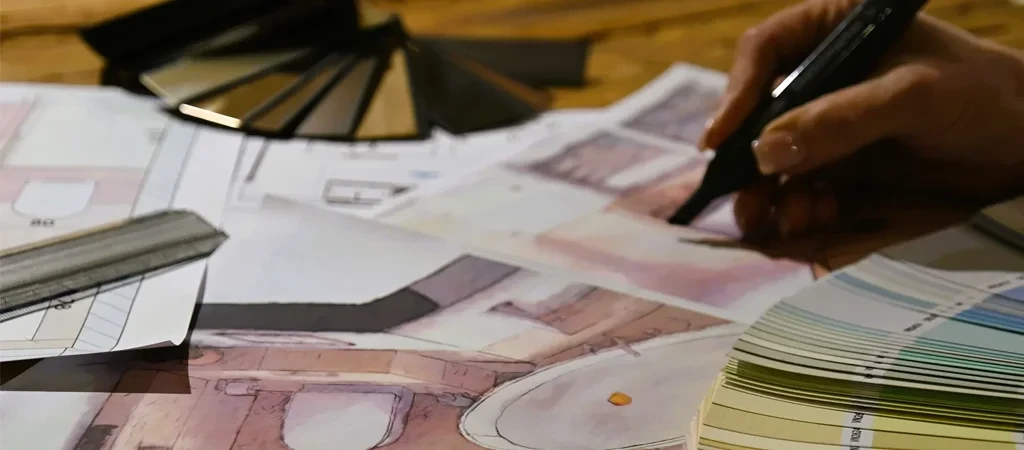 Individuelle Beratung auf der Startseite – Hand zeichnet auf Architekturplänen mit Farbmusterfächer im Hintergrund