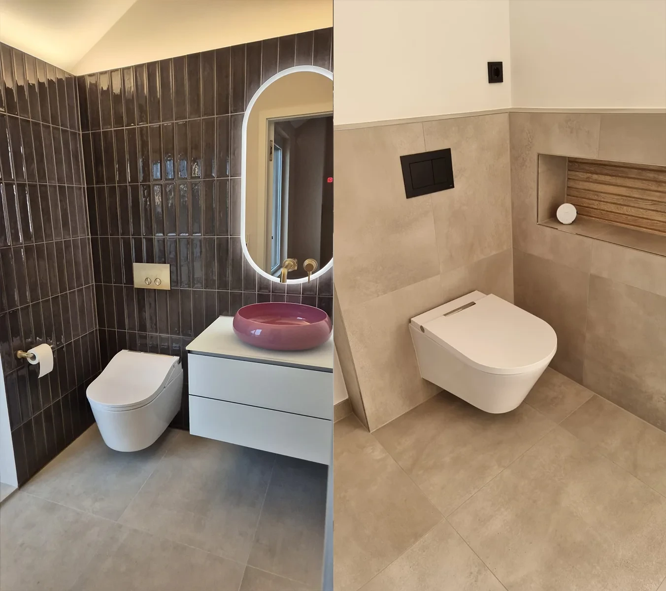 Modernes Badezimmer mit stilvollen Wandfliesen und Design-Toilette im Showroom