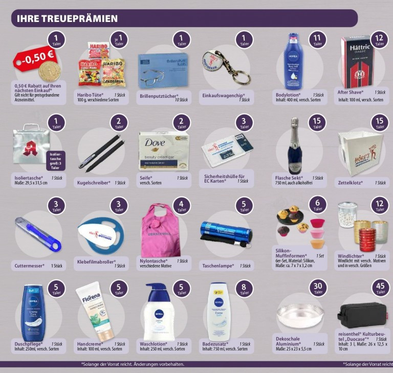 Vorteils-Taler Prospekt mit Treueprämien wie Haribo Tüte, Nivea Bodylotion, Dove Seife, Sektflasche und weiteren Prämien