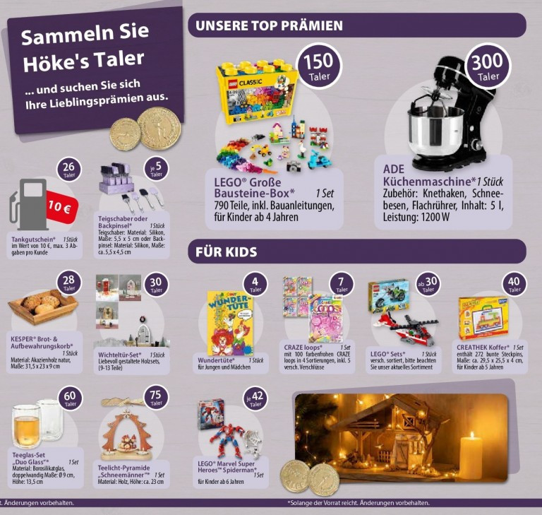 Vorteils-Taler Prospekt 3 mit Höke's Taler Prämien, LEGO Bausteine, ADE Küchenmaschine und Geschenke für Kinder