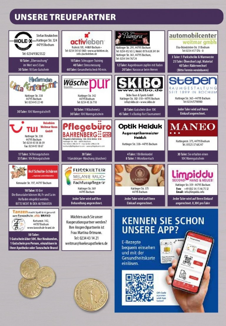 Vorteils-Taler Prospekt mit Angeboten und Partnern wie TUI, Wäsche pur, Skibo, Steden, Optik Heiduk, Maneo, Hof Schulte-Schüren, Fußkultur Melanie Rauc, Lamburu und Limpiddu in Bochum