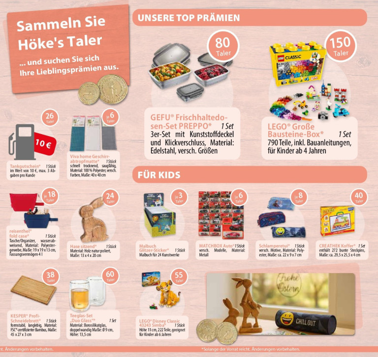 Prämienübersicht von Höke's Taler mit Produkten wie GEFU Frischhaltedosen, LEGO Bausteine, Viva home Geschirrabtropfmatte und weiteren Prämien für Erwachsene und Kinder.
