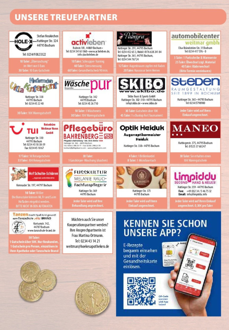 Übersicht von lokalen Unternehmen und Angeboten in Bochum und Hattingen, darunter TUI Weitmar Nonn GmbH, Pflegebüro Bahrenberg, Optik Heiduk, Skibo, Steden, Wäsche pur, Hof Schulte-Schüren, Fußkultur Melanie Rauch, Maneo, Limpiddu, Lambhuri und Tanschule 