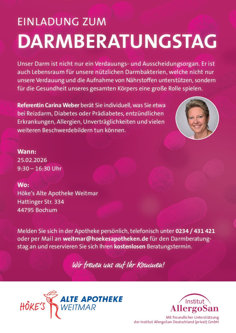 Einladung zur Darmberatung mit Carina Weber in Höke's Alte Apotheke Weitmar, Bochum, am 25.02.2026