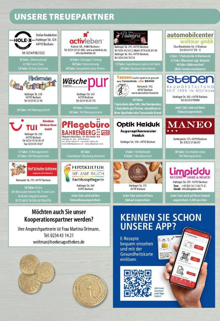 Übersicht von Kooperationspartnern in Bochum und Umgebung, darunter TUI, Optik Heiduk, Pflegedienst Bahrenberg, Tanzschule ADTV Laube Brand und weitere lokale Unternehmen