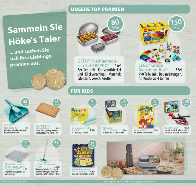 Höke's Taler Prämienübersicht mit GEFU Frischhaltedosen, LEGO Bausteine-Box und weiteren Prämien für Kinder und Erwachsene