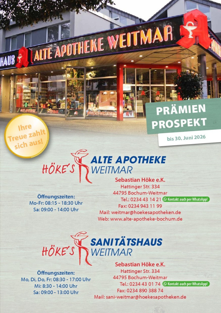 Prämienprospekt der Höke's Alte Apotheke Weitmar und Sanitätshaus Weitmar in Bochum, inklusive Kontaktdaten und Öffnungszeiten.