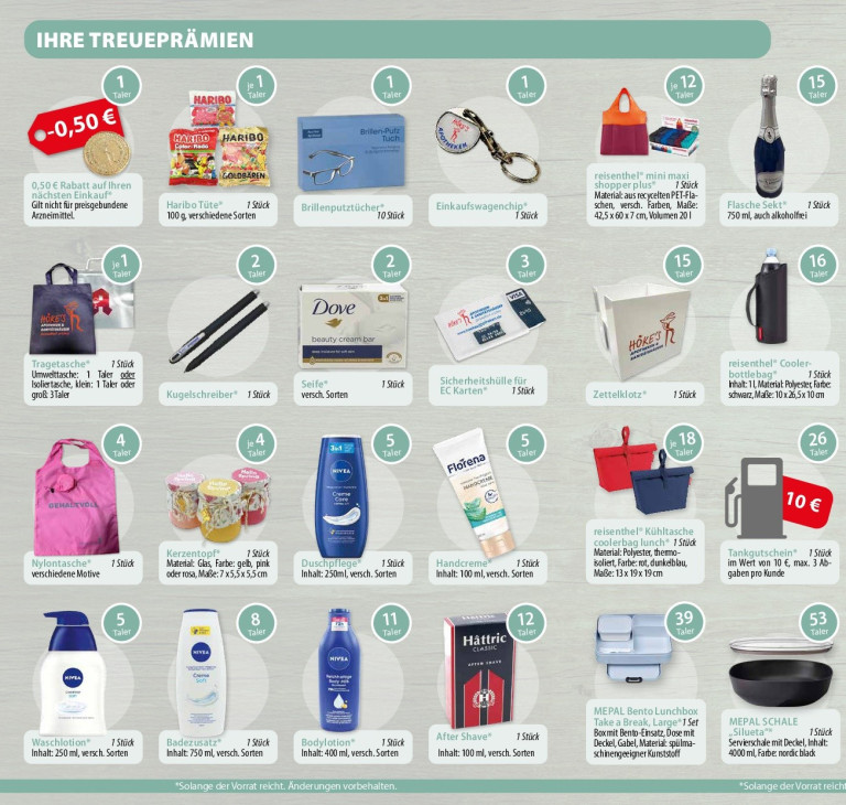 Treueprämien Übersicht mit Produkten wie Haribo, Nivea, Dove, Einkaufsgutschein und MEPA Lunchbox