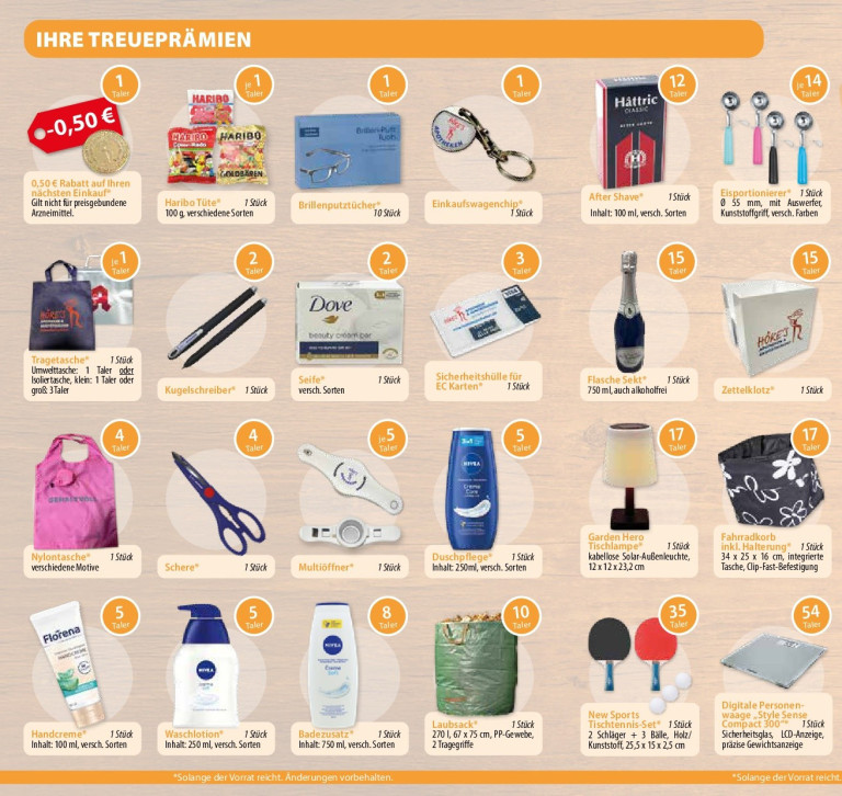 Treueprämien Übersicht mit Produkten wie Haribo, Brillenputztücher, After Shave, Duschpflege, Handcreme, Waschlotion, Badezusatz, Laubsack, Tischtennis-Set und digitaler Personenwaage