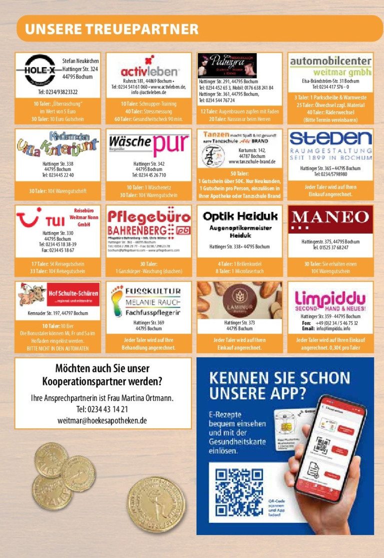 Übersicht Bochumer Kooperationspartner wie TUI, Optik Haiduk, Pflegebüro Bahrenberg, Wäsche pur, Maneo, Steden und weitere mit Angeboten und Adressen