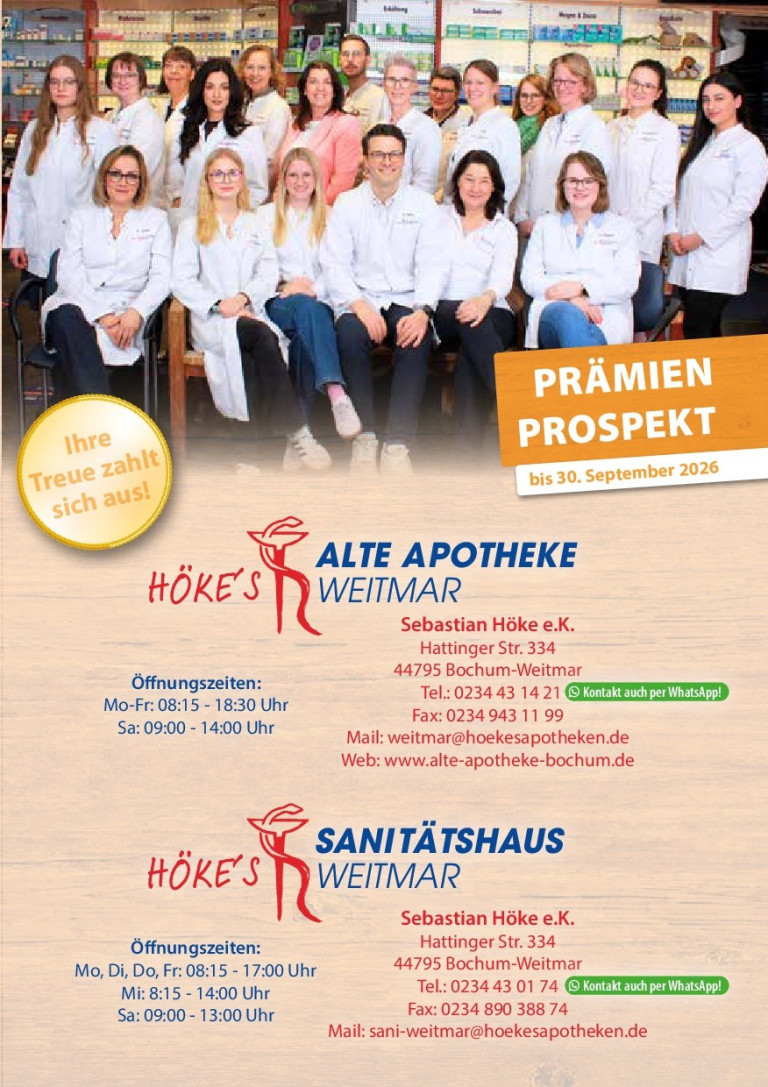 Team der Höke's Alte Apotheke Weitmar und Sanitätshaus Weitmar in Bochum – Prämienprospekt bis 30. September 2026