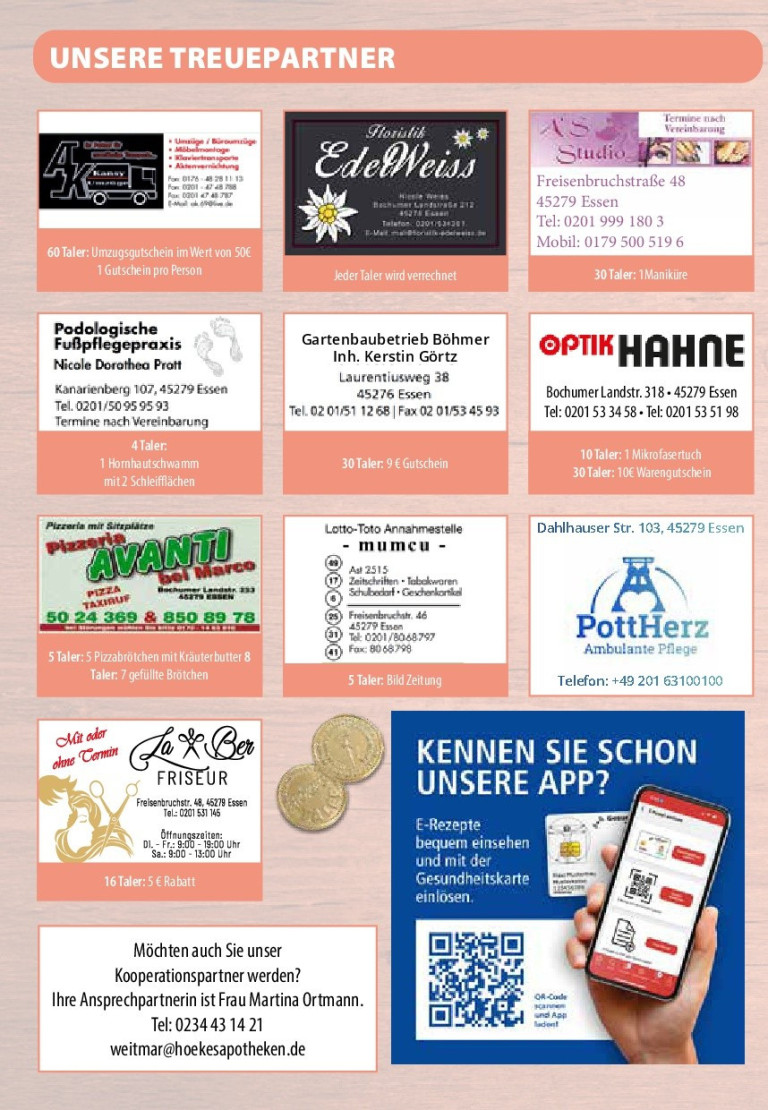 Gutscheinübersicht Essen: Pizzeria Avanti, Optik Hahne, Podologische Fußpflegepraxis Nicole Dorothea Pradt, Gartenbaubetrieb Böhmer, Lotto-Toto Annahmestelle Mumcu, Friseur La Ber, PottHerz Gutscheinübersicht mit lokalen Anbietern aus Essen wie Pizzeria Avanti, Optik Hahne, Podologische Fußpflegepraxis Nicole Dorothea Pradt, Gartenbaubetrieb Böhmer, Lotto-Toto Annahmestelle Mumcu, Friseur La Ber, PottHerz und weiteren, inklusive Angeboten un