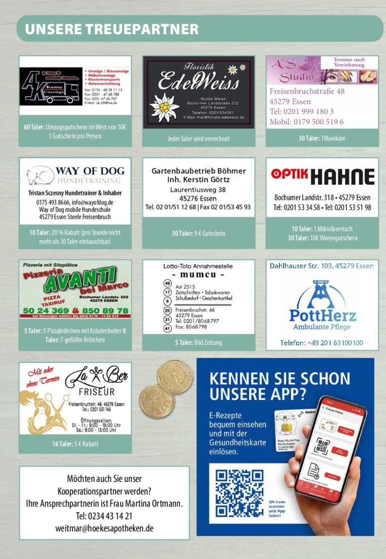 Gutscheine und Rabatte verschiedener Essener Unternehmen wie Optik Hahne, Pizzeria Avanti, Way of Dog, PottHerz und mehr auf einem Flyer abgebildet.