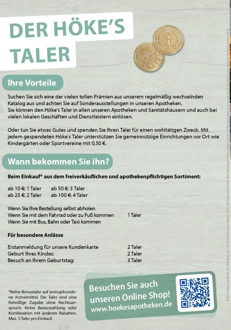 Informationen zu Höke's Taler Vorteilen und Einlösebedingungen in der Apotheke