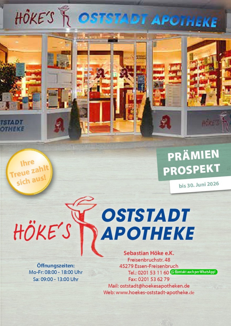 Eingang der Höke's Oststadt Apotheke in Essen-Freisenbruch mit Prämienprospekt bis 30. Juni 2026