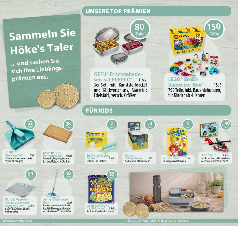 Höke's Taler Prämienübersicht mit GEFU Frischhaltedosen-Set PREPPO, LEGO Bausteine-Box und weiteren Prämien für Kids