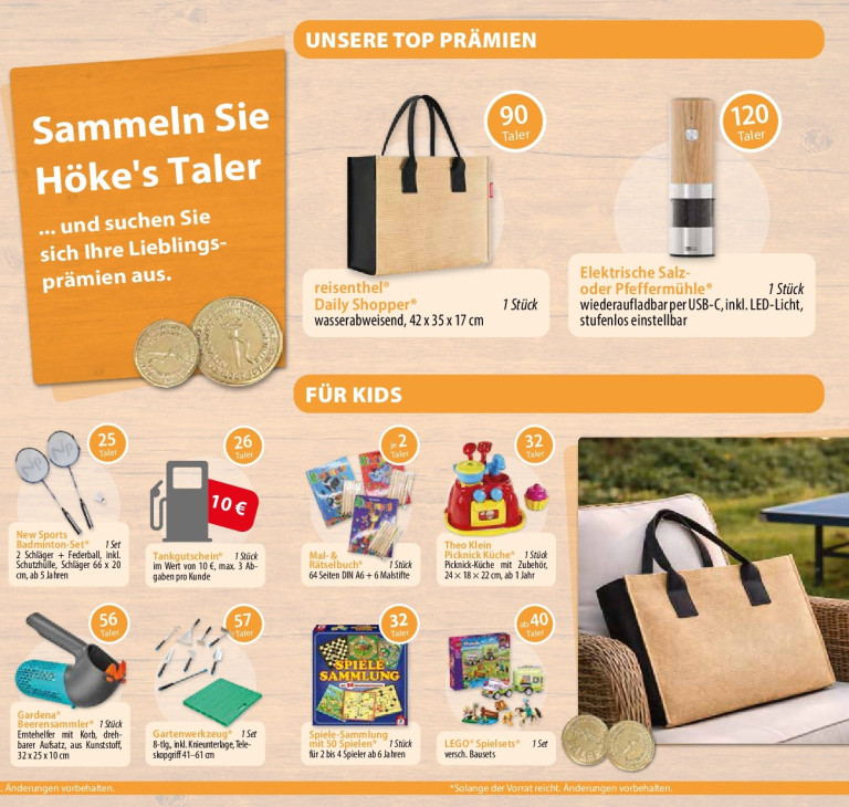Höke's Taler Prämienübersicht mit Top-Prämien wie reisenthel Daily Shopper, elektrische Salz- oder Pfeffermühle und Kinderprämien