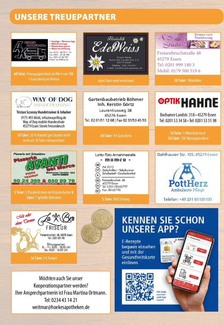 Gutscheine und Rabatte von lokalen Anbietern in Essen wie Umzugsunternehmen, Friseur, Optik Hahne, PottHerz und Pizzeria Avanti
