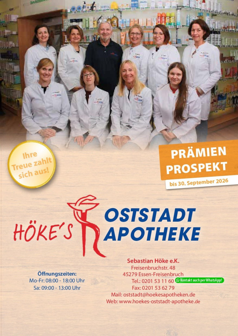 Team der Höke's Oststadt Apotheke in Essen Freisenbruch mit Prämienprospekt und Öffnungszeiten