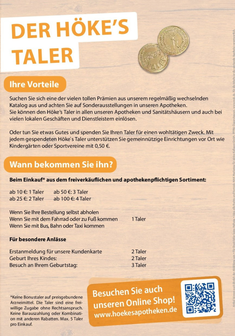 Informationsflyer über Höke's Taler und deren Vorteile sowie Einlöse- und Sammelmöglichkeiten in Apotheken