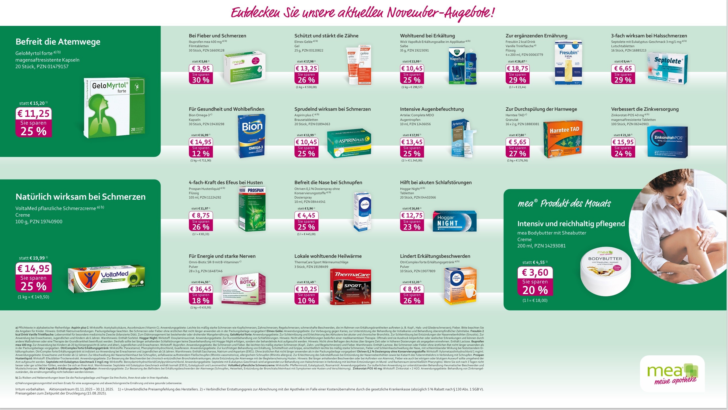 Apotheken November-Angebote 2025 mit Produkten wie Biofanal, Elmex, Vitasprint, Bion Omega-3, Aspirin Plus C, Prospan, Otriven, Hoggar Night, Omni-Biotic und ThermaCare
