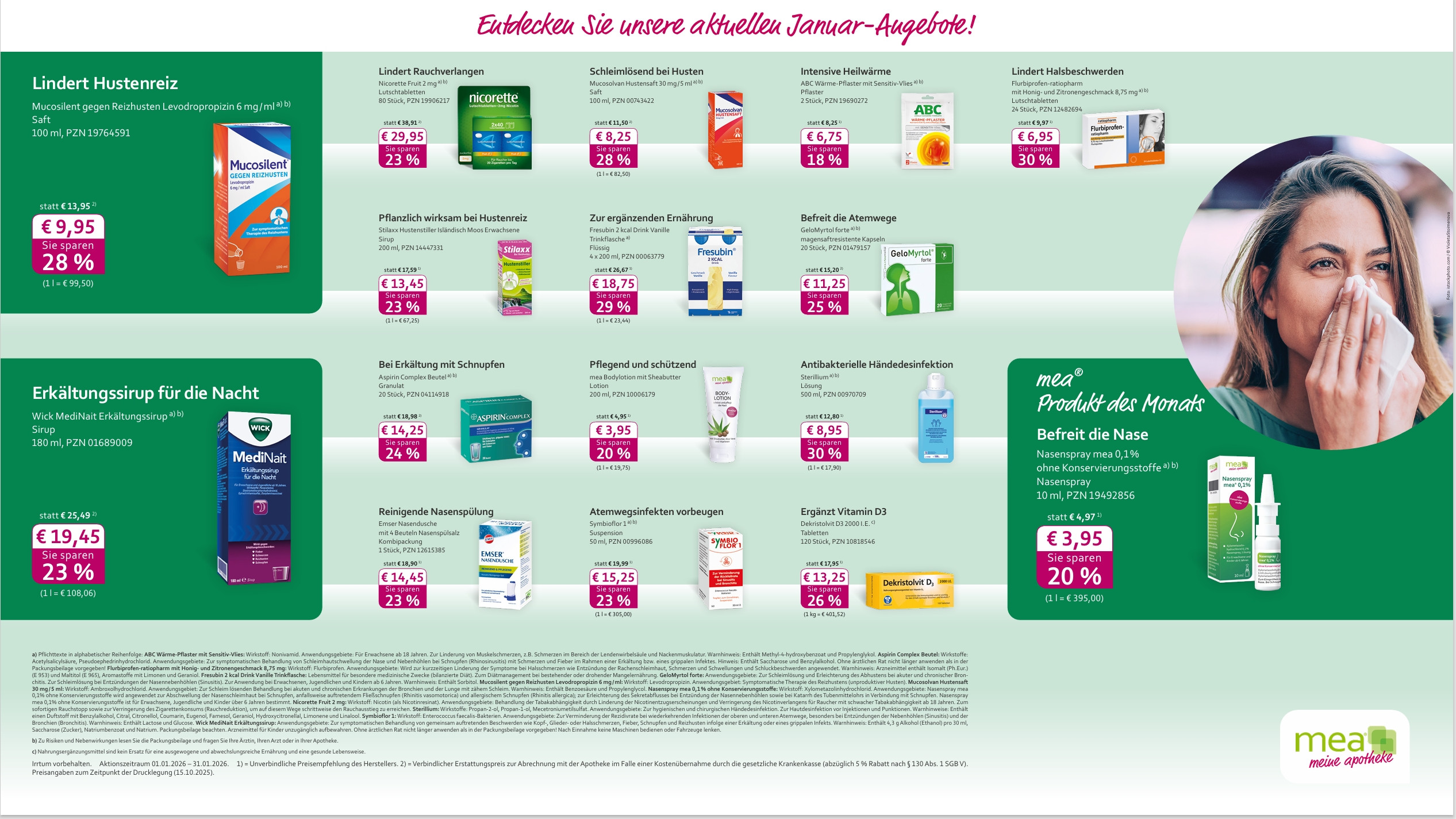 Januar-Angebote Apotheke 2026 mit Produkten wie Nicorette, Aspirin Complex und GeloMyrtol