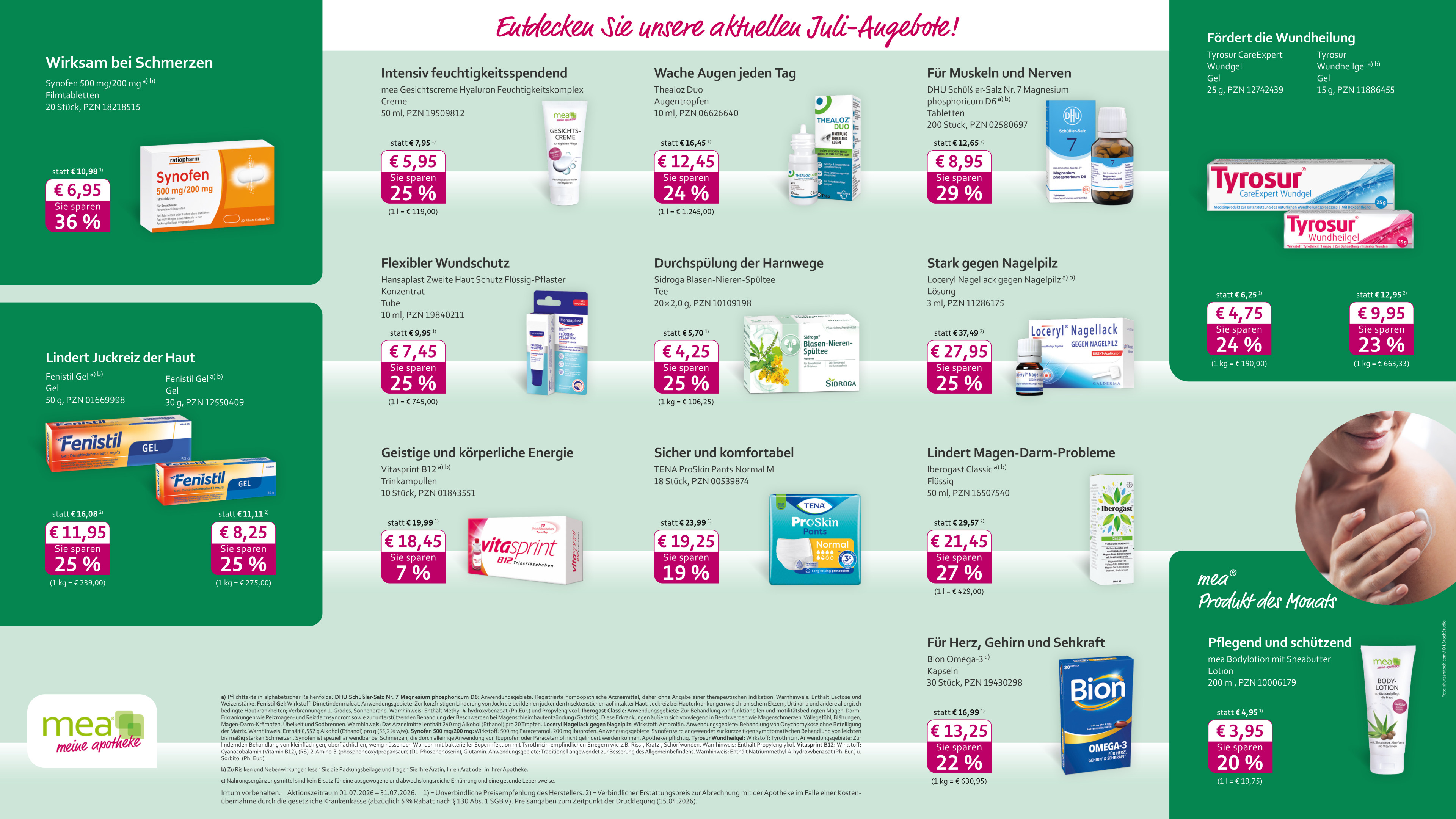 Juli Anzeigenvorlage mit Monatsprodukten und Angeboten im Querformat, verschiedene Gesundheits- und Pflegeprodukte mit Preisen und Rabatten