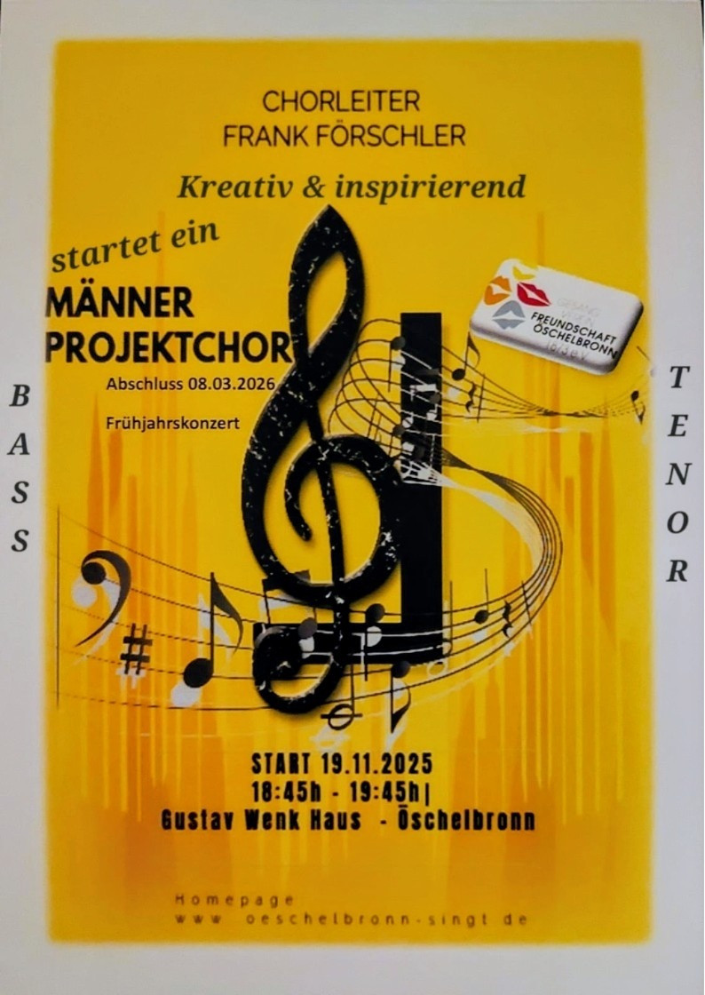 Plakat für Männer-Projektchor im Gustav Wenk Haus Öschelbronn, Start am 19.11.2025, Singen als Stresskiller und Musik für die Seele.