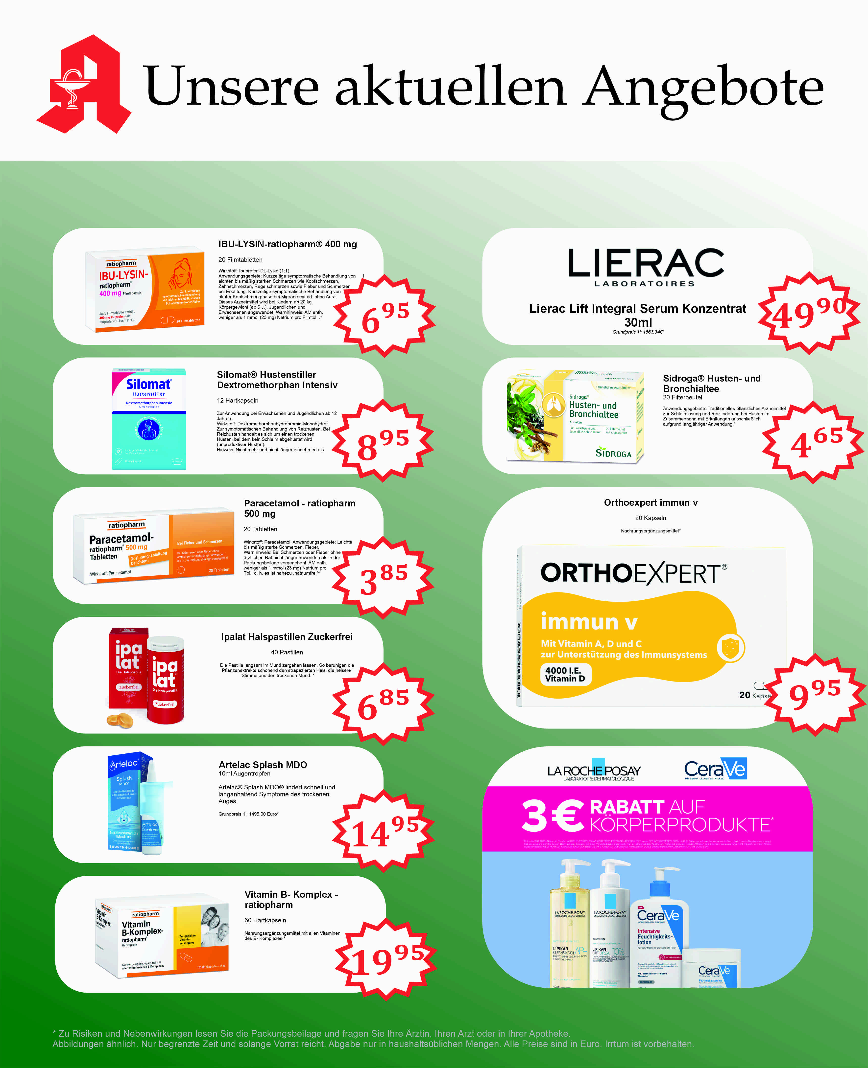 Aktuelle Apothekenangebote im Stadtpark – September 2025 Angebotsposter einer Apotheke mit aktuellen Medikamenten und Produkten im Stadtpark, September 2025