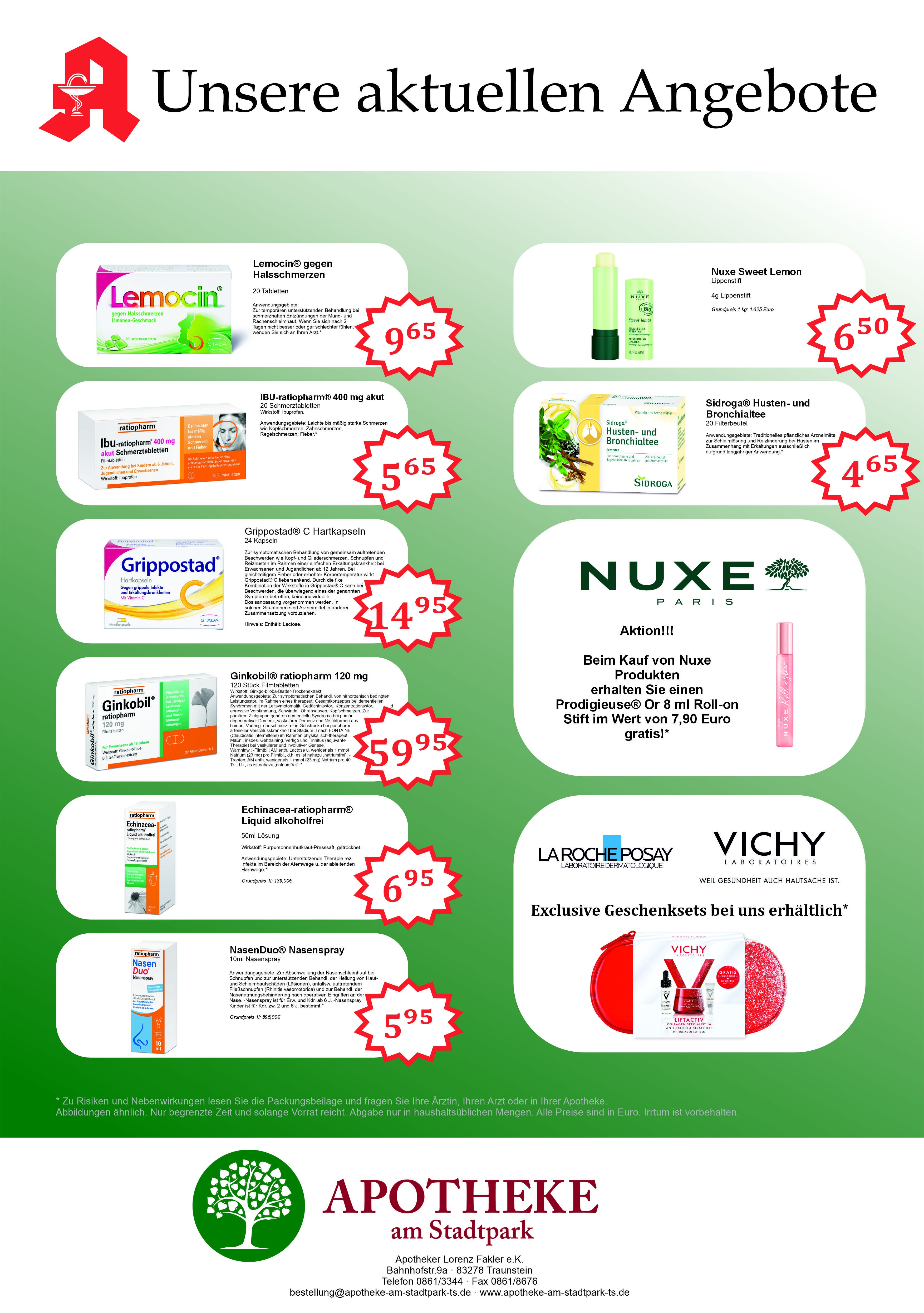 Poster mit Angeboten aus der Stadtpark Apotheke, inklusive Lemocin, IBU-ratiopharm, Grippostad, Ginkobil, Nuxe, Sidroga, La Roche Posay und Vichy.