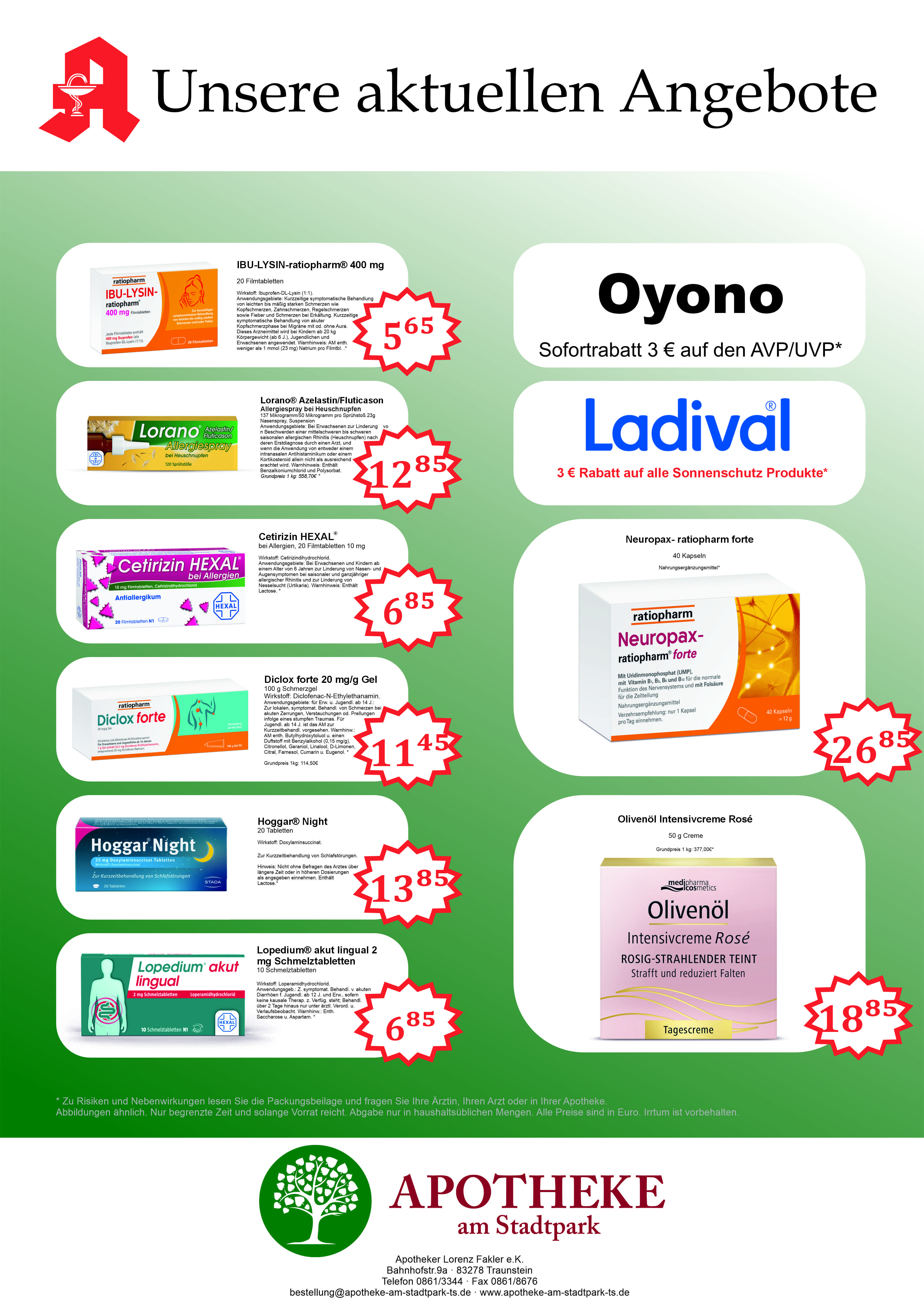 Angebotsposter mit Medikamentenpreisen und Marken wie IBU-LYSIN, Lorano, Cetirizin HEXAL, Diclox forte, Hoggar Night, Lopedium akut, Neuropax und Olivenöl Intensivcreme Rosé im Stadtpark, März 2026