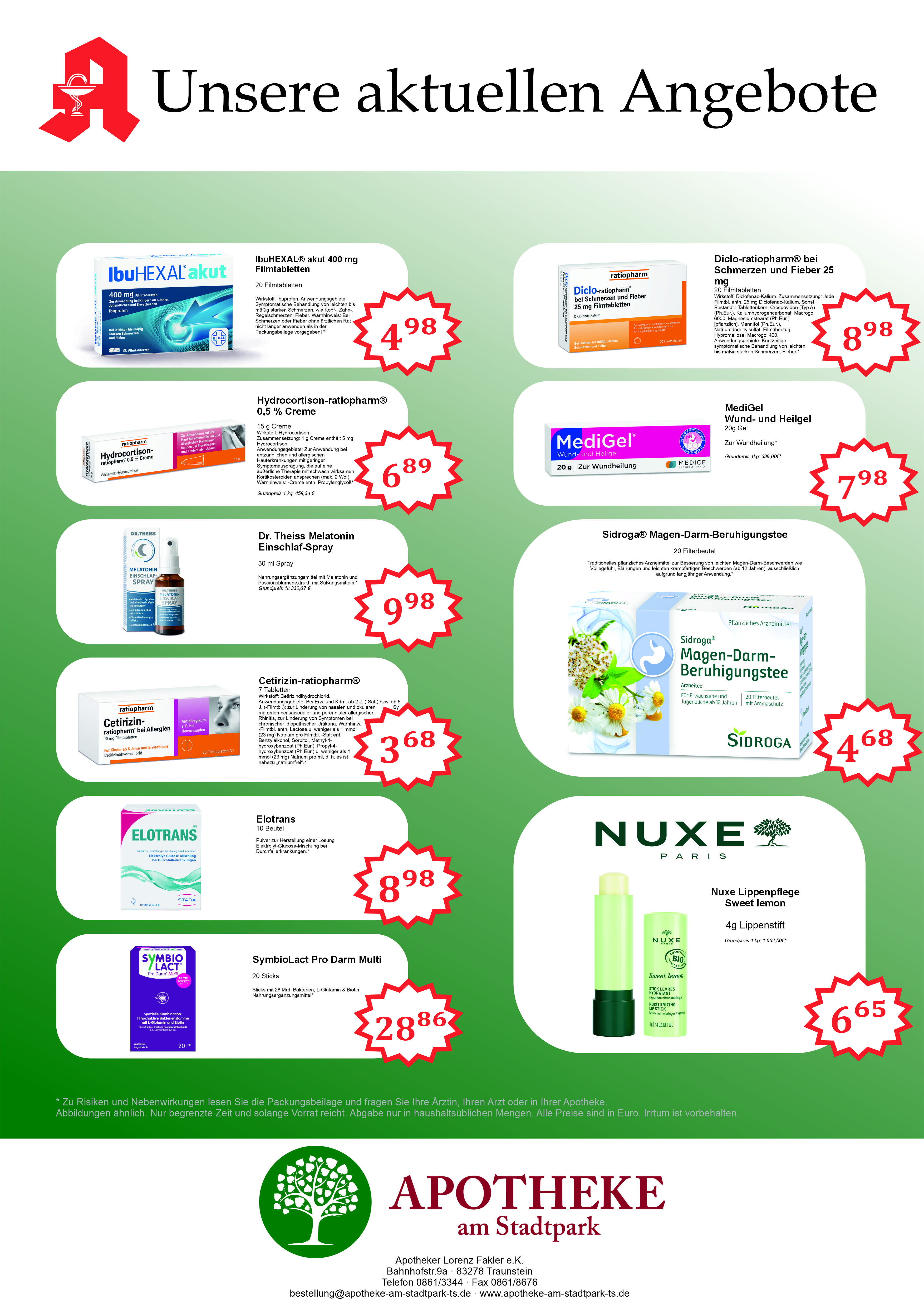 Angebotsposter mit Medikamenten und Pflegeprodukten im Stadtpark, Mai 2026, inklusive IbuHEXAL, Diclo-ratiopharm, Dr. Theiss Melatonin Spray, Nuxe Lippenpflege und weiteren Produkten.