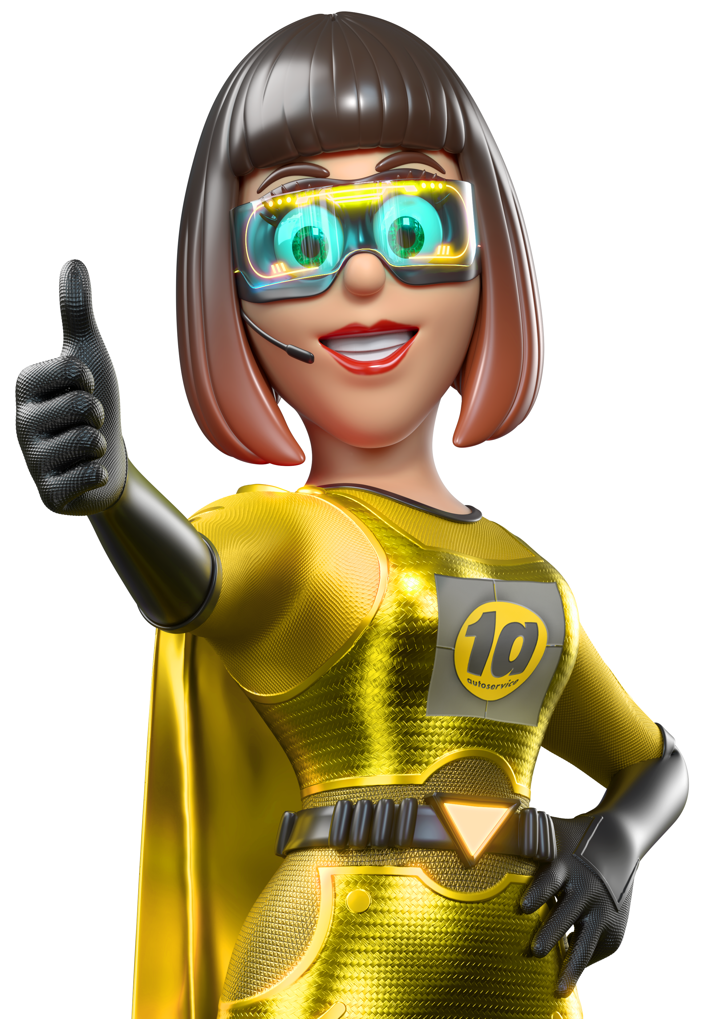 Autoservice Maskottchen in gelbem Superheldenkostüm mit Daumen hoch und Logo auf der Brust