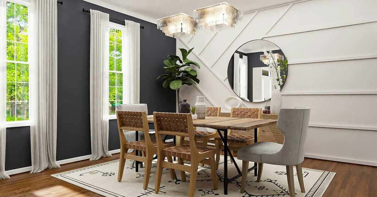 Akzentwand Ideen für jeden Raum: Inspiration für moderne Wandgestaltung im Esszimmer Akzentwand Ideen für jeden Raum – modernes Esszimmer mit dekorativer Wandgestaltung, Holztisch und Designerlampen