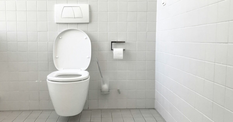 Toilette in einem modernen, hellen Badezimmer mit weißen Fliesen Moderne weiße Toilette mit Toilettenpapier und Toilettenbürste in einem gefliesten Badezimmer