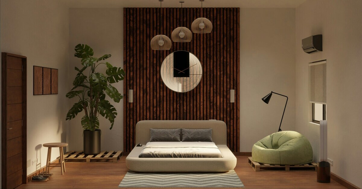 Modernes Schlafzimmer im Japandi-Stil mit minimalistischer Einrichtung, Holzwand und Designerlampe