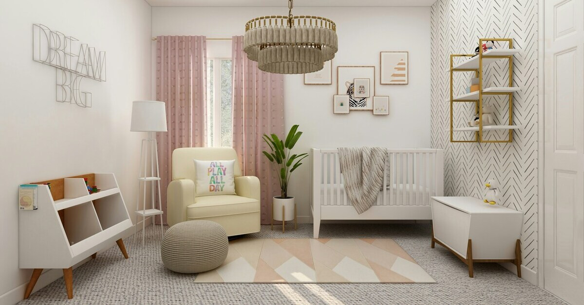 Modern eingerichtetes Kinderzimmer mit Babybett, Sessel und dekorativer Beleuchtung