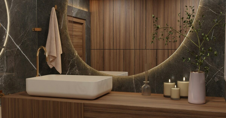 Holzpaneele im Spiegel eines modernen Badezimmers mit stilvoller Dekoration