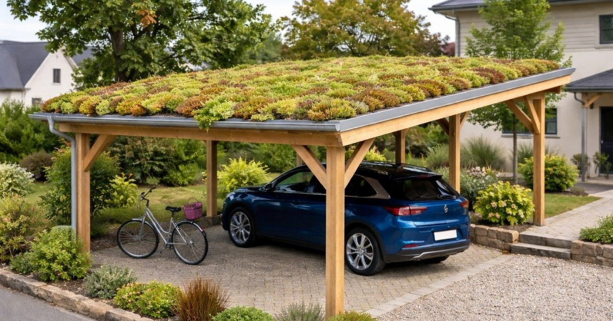 Holz-Carport mit Dachbegrünung aus Sedum-Pflanzen und geparktem Auto