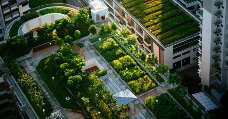 Dachbegrünung einer Wohnanlage aus der Draufsicht mit viel Grün und bepflanzten Flächen