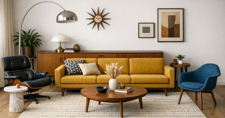 Midcentury Wohnzimmer mit gelbem Sofa, Holztisch und Retro-Deko