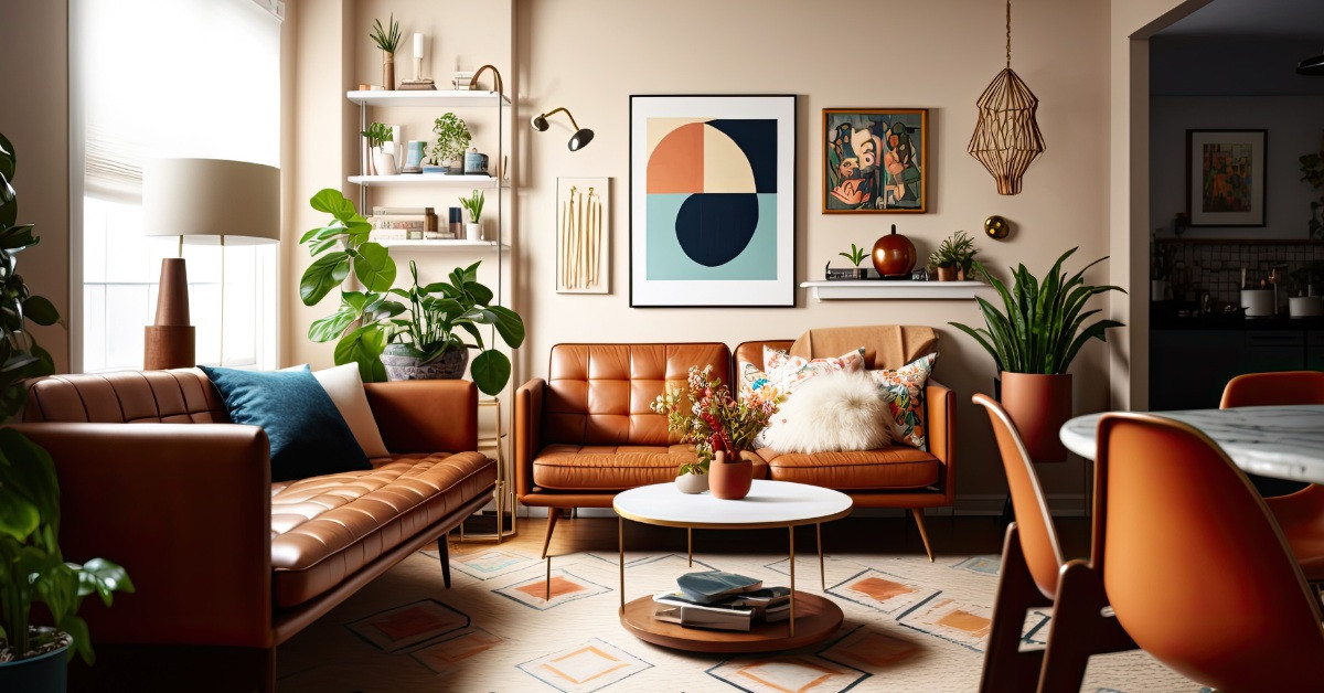Mid-Century Modern Wohnzimmer mit braunem Ledersofa und stilvoller Einrichtung