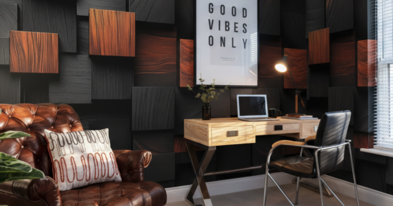 Moderner Arbeitsplatz mit Holztisch und Laptop vor strukturierter Wand