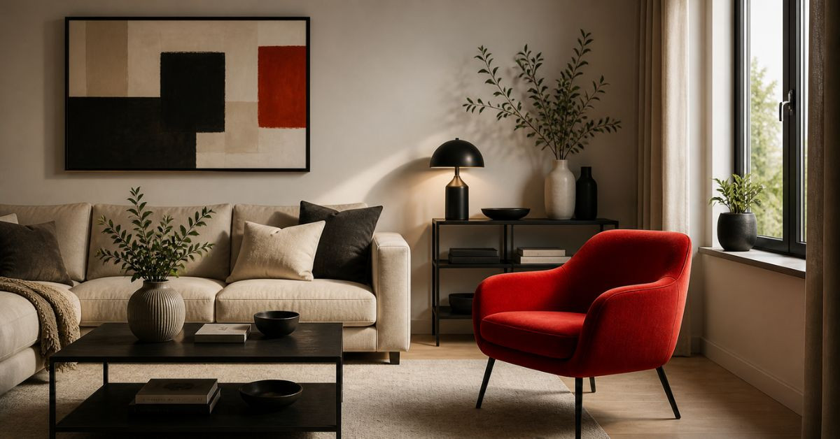 Modernes Wohnzimmer mit rotem Sessel nach der Unexpected Red Theory, stilvolle Einrichtung und abstraktes Kunstwerk an der Wand.