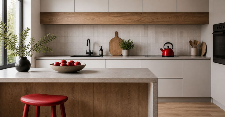 Moderne Küche mit roten Akzenten – Inspiration für Küchendesign Moderne Küche mit roten Akzenten, darunter ein roter Wasserkocher, rote Äpfel und ein roter Hocker
