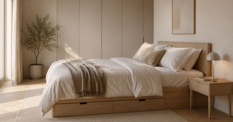 Schlafzimmer minimalistisch eingerichtet mit modernem Design und Holzbett Minimalistisches Schlafzimmer mit hellem Holzbett und neutraler Einrichtung