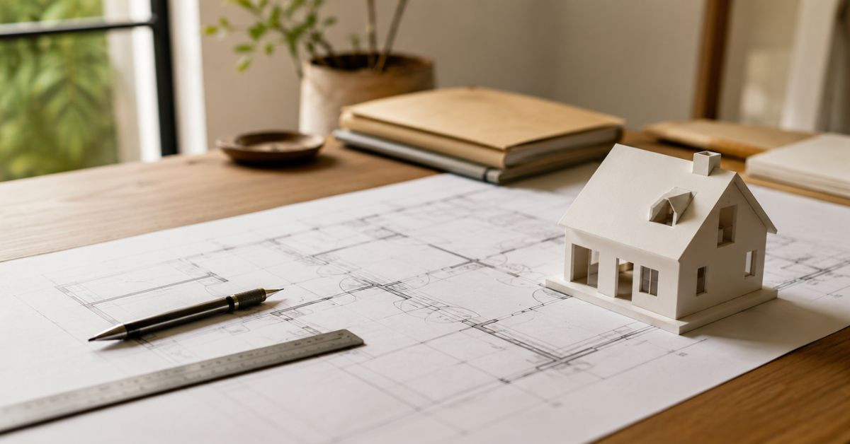 Bauantrag vorbereiten: Bauplan und Modellhaus auf Schreibtisch