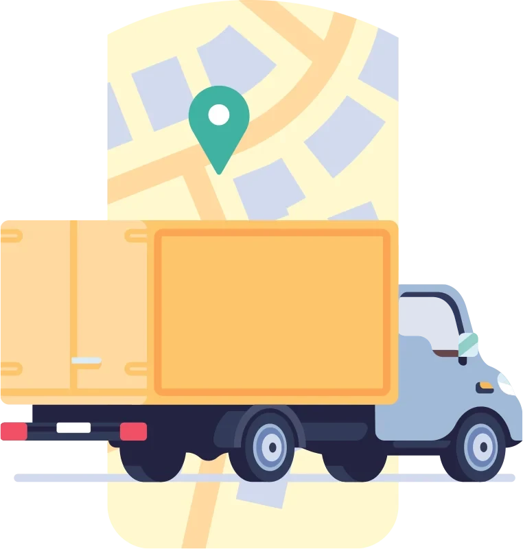 Lieferwagen auf Karte mit Standortmarkierung - Startseite Contentbild Illustration eines Lieferwagens auf einer Karte mit Standortmarkierung